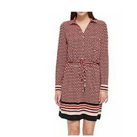 TOMMY HILFIGER Shirt Dress NWT NEW Red Blue Geometric Modern Print Stretch sz 4 - Picture 1 of 15